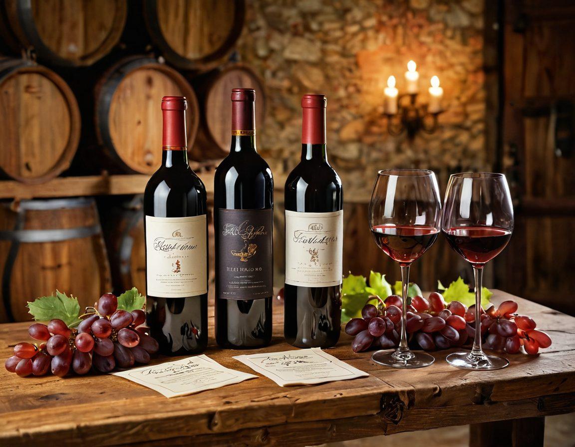 A beautifully arranged wine tasting table featuring a variety of wine bottles, elegant glassware, and detailed tasting notes spread out. Background includes a vineyard and rustic wooden barrels, creating a warm and inviting atmosphere. Soft light illuminates the scene, highlighting the rich colors of red, white, and rosé wines. Include a corkscrew and fresh grapes for added detail. super-realistic. warm tones. vibrant colors.