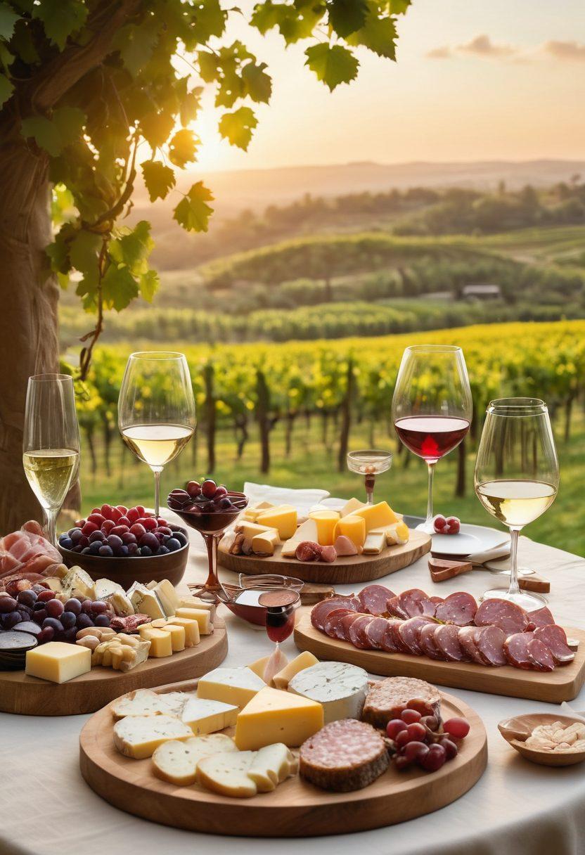 A beautifully arranged table set for a wine tasting, featuring an array of exquisite wine glasses filled with vibrant hues of red and white wines. Surrounding the table are lush grapevines and rustic vineyard scenery, with a soft golden sunset in the background. Delicate tasting notes handwritten on elegant parchment are scattered among cheese and charcuterie platters, creating an inviting atmosphere. The overall mood is warm and celebratory, embodying the joy of heritage and fine wine. super-realistic. vibrant colors. soft lighting.