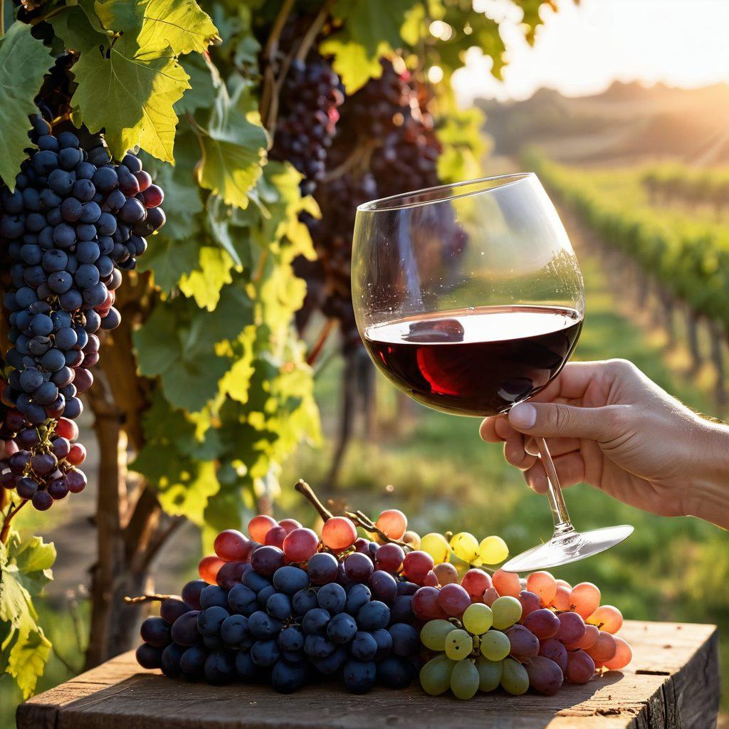 A scenic vineyard at sunrise, with lush grapevines heavy with ripe grapes. In the foreground, a pair of elegant wine glasses filled with red and white wine, catching the golden light. Softfocus on a winemaker in the background, joyfully inspecting the harvested grapes. Emphasize a warm, inviting atmosphere that conveys the journey of wine from vineyard to glass. super-realistic. vibrant colors. warm tones.